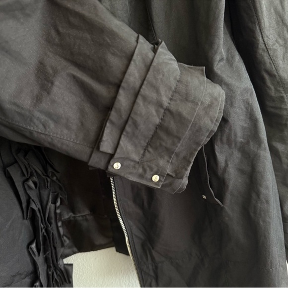 WHBM Ruffle Rain Jacket Belted Rhinestone & Satin Trench Coat Black Pink Size L - Picture 9 of 15